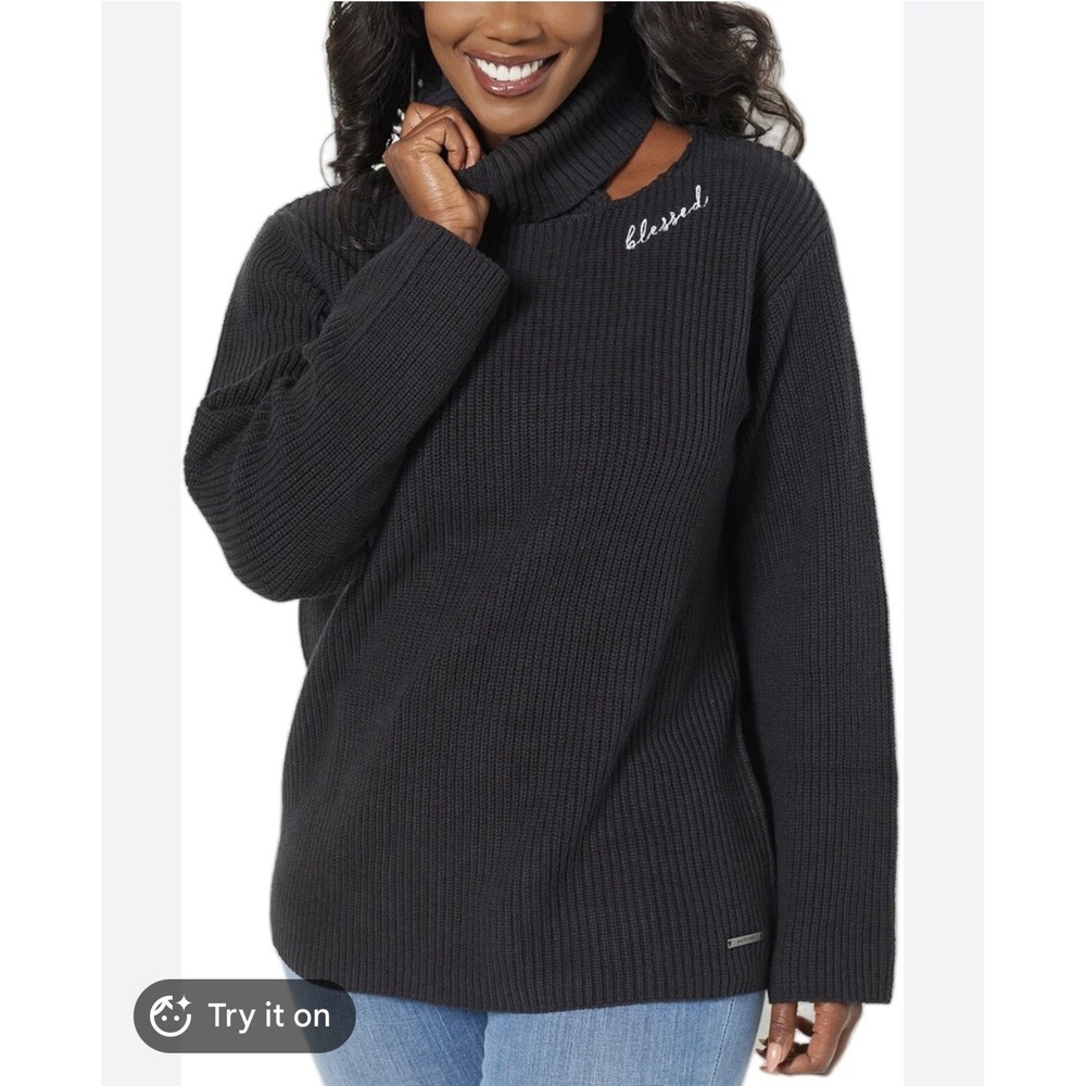 Peace Love World 4X Blessed Cutout Turtleneck Sweater Black Oversized Plus